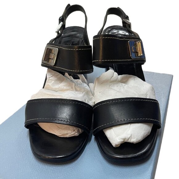 Prada Size 39.5 Leather Turnlock Slingback Sandals Black Block Heel Minimalist - Picture 4 of 15